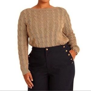 Ralph Lauren Metallic Gold Cable Knit Boatneck Sweater W/ Shoulder Buttons M